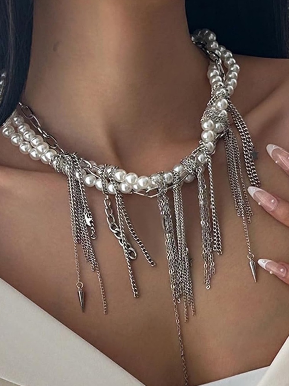 Silver Pearl Fringe Choker Necklace